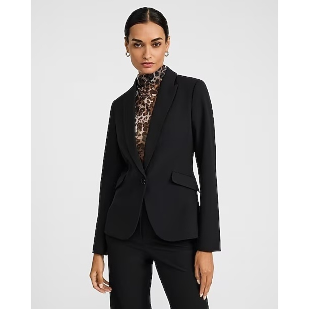 Express Editor Studio Stretch Twill Fitted One Button Blazer - Pitch Black - XL